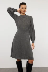 TRENDYOLMİLLA Gray Mini Knitwear Lace Dress - Image 2