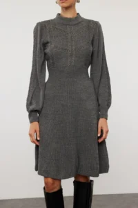 TRENDYOLMİLLA Gray Mini Knitwear Lace Dress - Image 3