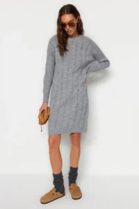 TRENDYOLMİLLA Gray Mini Knitwear Crew Neck Dress