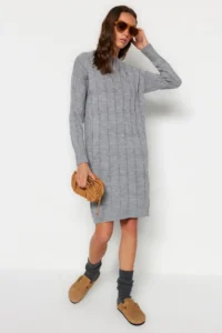 TRENDYOLMİLLA Gray Mini Knitwear Crew Neck Dress - Image 2