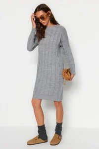 TRENDYOLMİLLA Gray Mini Knitwear Crew Neck Dress - Image 3