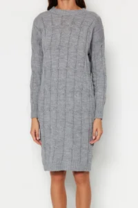 TRENDYOLMİLLA Gray Mini Knitwear Crew Neck Dress - Image 4