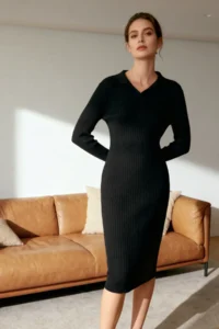TRENDYOLMİLLA Black Midi Knitwear Polo Shirt Collar Dress
