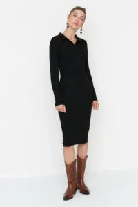 TRENDYOLMİLLA Black Midi Knitwear Polo Shirt Collar Dress - Image 2