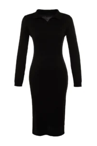 TRENDYOLMİLLA Black Midi Knitwear Polo Shirt Collar Dress - Image 7