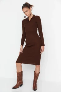 TRENDYOLMİLLA Brown Midi Knitwear Polo Shirt Collar Dress