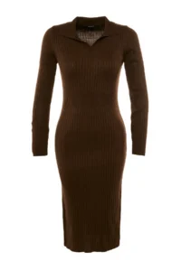 TRENDYOLMİLLA Brown Midi Knitwear Polo Shirt Collar Dress - Image 8
