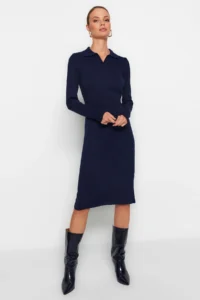 TRENDYOLMİLLA Navy Blue Midi Knitwear Polo Shirt Collar Dress