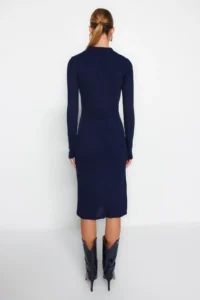 TRENDYOLMİLLA Navy Blue Midi Knitwear Polo Shirt Collar Dress - Image 5