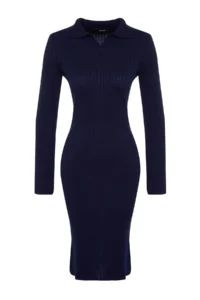 TRENDYOLMİLLA Navy Blue Midi Knitwear Polo Shirt Collar Dress - Image 6