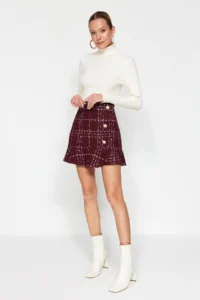 TRENDYOLMiLLA Burgundy buttoned Tweed Material Skirt Ucu with flywheel Mini New year Weaving Skirt - Image 2