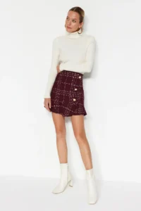 TRENDYOLMiLLA Burgundy buttoned Tweed Material Skirt Ucu with flywheel Mini New year Weaving Skirt - Image 4