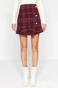 TRENDYOLMiLLA Burgundy buttoned Tweed Material Skirt Ucu with flywheel Mini New year Weaving Skirt - Image 5