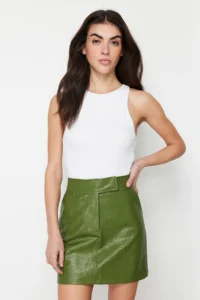 TRENDYOLMiLLA Khaki Premium High Quality A-line Faux Leather Mini Weaving Skirt - Image 3