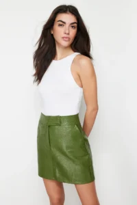 TRENDYOLMiLLA Khaki Premium High Quality A-line Faux Leather Mini Weaving Skirt - Image 4