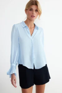 TRENDYOLMİLLA Baby Blue Spanish Arm Regular Normal Pattern Weaving Shirt - Image 2