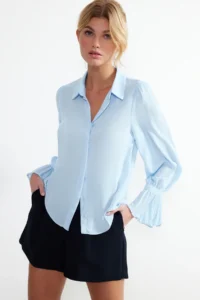 TRENDYOLMİLLA Baby Blue Spanish Arm Regular Normal Pattern Weaving Shirt - Image 3