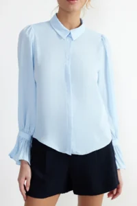 TRENDYOLMİLLA Baby Blue Spanish Arm Regular Normal Pattern Weaving Shirt - Image 4