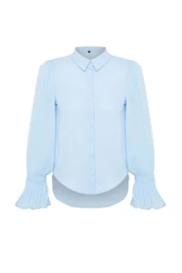 TRENDYOLMİLLA Baby Blue Spanish Arm Regular Normal Pattern Weaving Shirt - Image 7