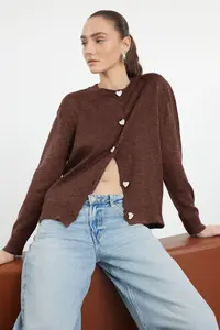 TRENDYOLMİLLA Brown Soft textured Jewel buttoned Jacket Look Knitwear Cardigan