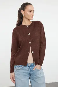 TRENDYOLMİLLA Brown Soft textured Jewel buttoned Jacket Look Knitwear Cardigan - Image 3