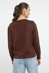 TRENDYOLMİLLA Brown Soft textured Jewel buttoned Jacket Look Knitwear Cardigan - Image 5