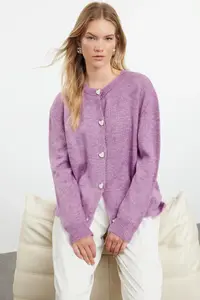 TRENDYOLMİLLA Lilac Soft textured Jewel buttoned Jacket Look Knitwear Cardigan