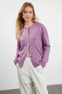 TRENDYOLMİLLA Lilac Soft textured Jewel buttoned Jacket Look Knitwear Cardigan - Image 2