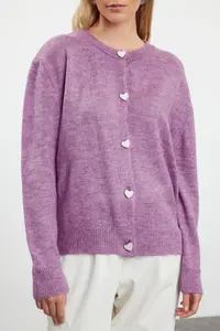 TRENDYOLMİLLA Lilac Soft textured Jewel buttoned Jacket Look Knitwear Cardigan - Image 3