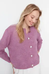 TRENDYOLMİLLA Lilac Soft textured Jewel buttoned Jacket Look Knitwear Cardigan - Image 6