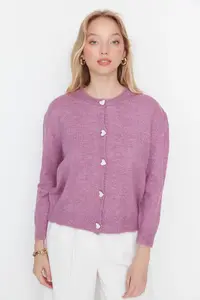 TRENDYOLMİLLA Lilac Soft textured Jewel buttoned Jacket Look Knitwear Cardigan - Image 7