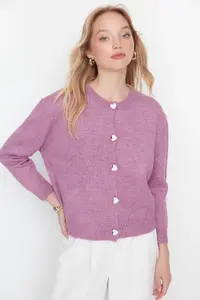 TRENDYOLMİLLA Lilac Soft textured Jewel buttoned Jacket Look Knitwear Cardigan - Image 8