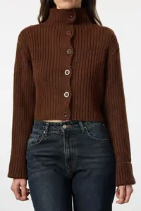 TRENDYOLMİLLA Brown Crop Soft textured Dog collar Knitwear Cardigan - Image 2