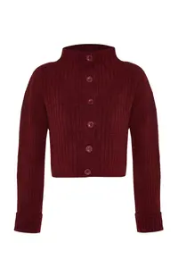 TRENDYOLMİLLA Burgundy Crop Soft textured Dog collar Knitwear Cardigan - Image 7
