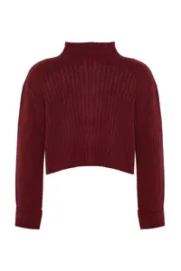 TRENDYOLMİLLA Burgundy Crop Soft textured Dog collar Knitwear Cardigan - Image 9