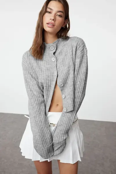 TRENDYOLMİLLA Dark Gray Crop Soft textured Dog collar Knitwear Cardigan