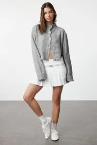 TRENDYOLMİLLA Dark Gray Crop Soft textured Dog collar Knitwear Cardigan - Image 2