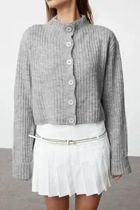 TRENDYOLMİLLA Dark Gray Crop Soft textured Dog collar Knitwear Cardigan - Image 3