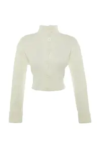 TRENDYOLMİLLA Ecru Crop Soft textured Dog collar Knitwear Cardigan - Image 8