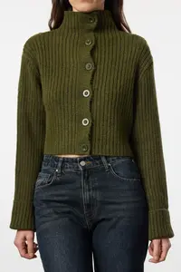 TRENDYOLMİLLA Khaki Crop Soft textured Dog collar Knitwear Cardigan - Image 3