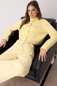 TRENDYOLMİLLA Yellow Crop Soft textured Dog collar Knitwear Cardigan