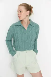 TRENDYOLMİLLA MINT Plated Button Detailed Crop Polo Shirt Collar Knitwear Cardigan - Image 2