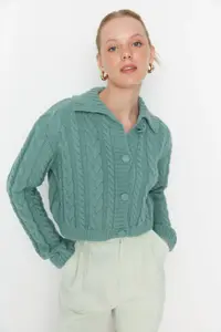 TRENDYOLMİLLA MINT Plated Button Detailed Crop Polo Shirt Collar Knitwear Cardigan - Image 3