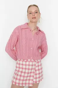 TRENDYOLMİLLA Pink Crop Polo Shirt Collar Knitwear Cardigan - Image 3