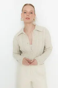 TRENDYOLMİLLA Stone Crop Polo Shirt Collar Knitwear Cardigan - Image 2