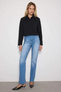 TRENDYOLMİLLA Navy Blue slit High Waist comfort/Flexible Flare flared leg jeans