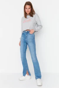 TRENDYOLMİLLA Navy Blue slit High Waist comfort/Flexible Flare flared leg jeans - Image 10