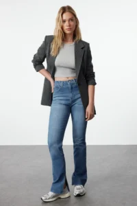 TRENDYOLMİLLA Navy Blue slit High Waist comfort/Flexible Flare flared leg jeans - Image 5