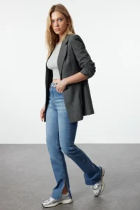 TRENDYOLMİLLA Navy Blue slit High Waist comfort/Flexible Flare flared leg jeans - Image 6