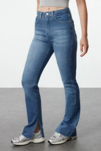 TRENDYOLMİLLA Navy Blue slit High Waist comfort/Flexible Flare flared leg jeans - Image 7